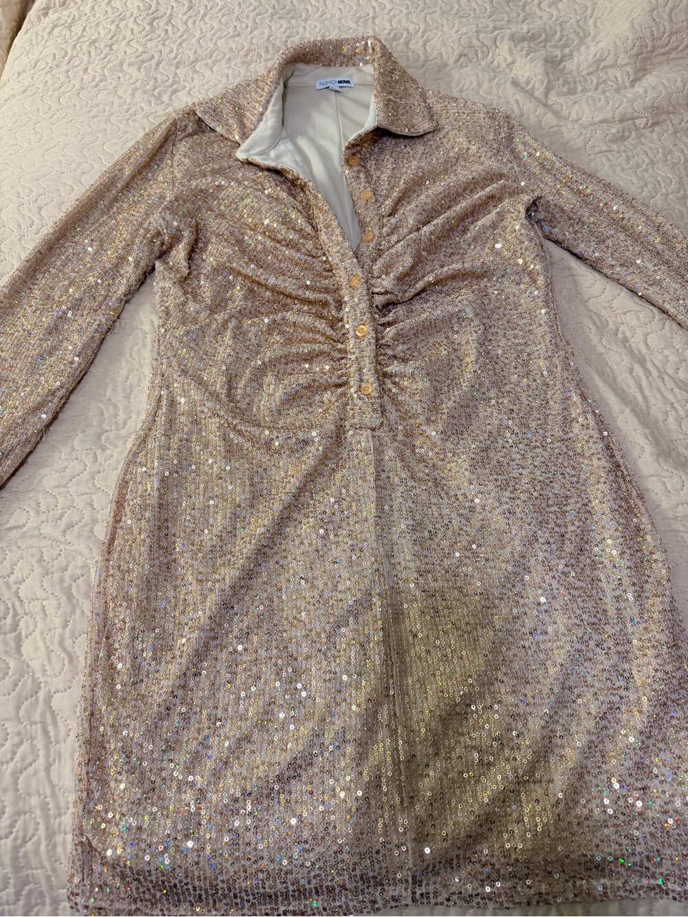 Fashion Nova Champagne Sequin Ruched Long Sleeve Dress